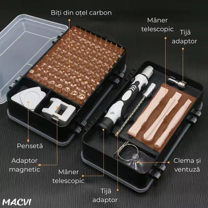 Set Surubelnite de Precizie Macvi® 115 in 1, 98 Biti Magnetici din Otel Carbon, Trusa Profesionala pentru Reparatii Telefoane, Laptopuri, Electronice, Cutie Compacta