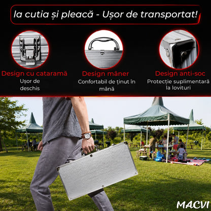 Set 10 ustensile pentru gratar Macvi® din otel inoxidabil premium, geanta transport aluminiu captusita, accesorii pentru un gratar reusit