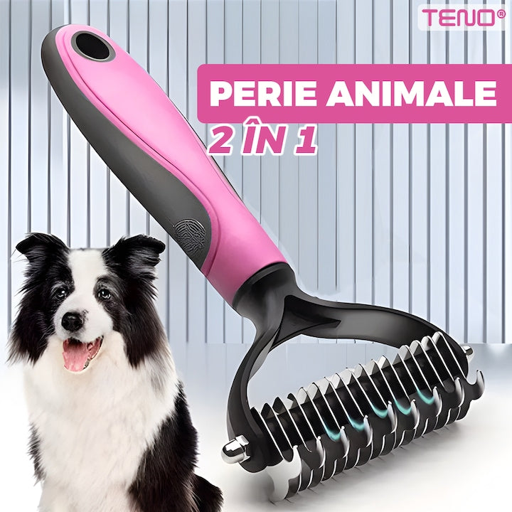 Perie pentru caini si pisici Teno, 2 in 1, anti-naparlire, roz