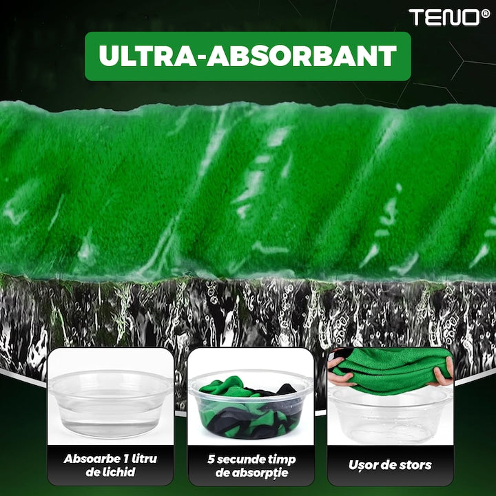 Prosop Auto din Microfibra Teno®, super absorbant, 2 straturi, materiale calitative, cusatura rezistenta, usor de curatat, lustruieste, 70 x 90 cm, verde