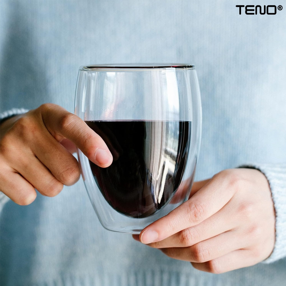 Set 4 Pahare din Sticla cu Perete Dublu Teno®, termorezistente, design modern, capacitate 250 ml, 9 x 8 cm
