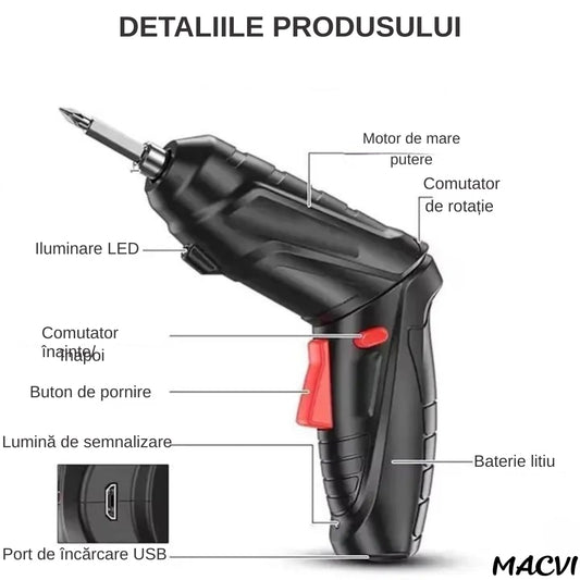 Surubelnita Electrica Portabila Macvi®, 47 Piese Acumulator Reincarcabil Maner Rotativ 90-180° Set Biti si Capete Tubulare Trusa Transport Negru