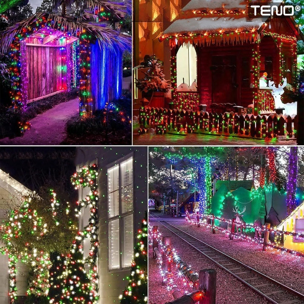 Instalatie de Craciun Liniara Teno®, 15 m, 8 jocuri de lumini, alimentare la priza, interior/exterior, rezistenta la apa, 200 LED-uri, multicolor