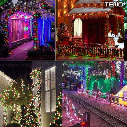 Instalatie de Craciun Liniara Teno®, 15 m, 8 jocuri de lumini, alimentare la priza, interior/exterior, rezistenta la apa, 200 LED-uri, multicolor