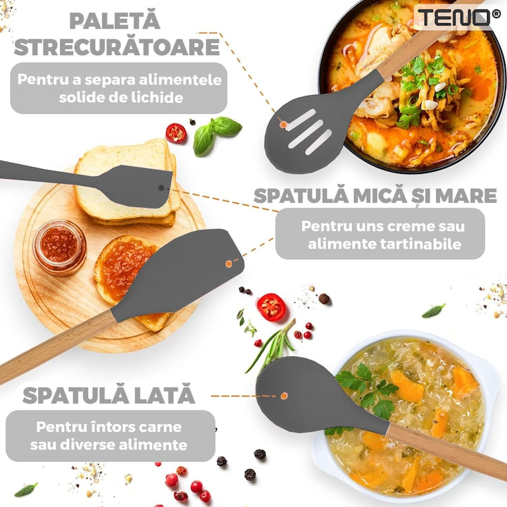 Set Ustensile Bucatarie 12 Piese Silicon Alimentar Teno®, termorezistente, antiaderente, sigure, suport inclus, gri