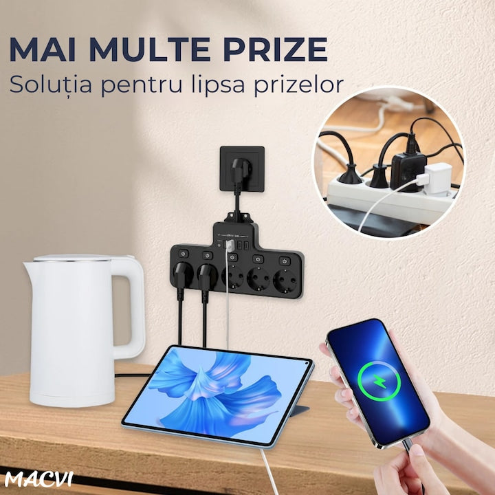 Multipriza Macvi cu 4 prize Schuko, 4 porturi USB, control individual, 4000W, extensie electrica pentru birou si acasa