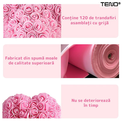 Inimioara din Trandafiri de Spuma Teno®, floral roz, handmade, cutie transparenta, eleganta si naturala, nemuritoare, 17 cm