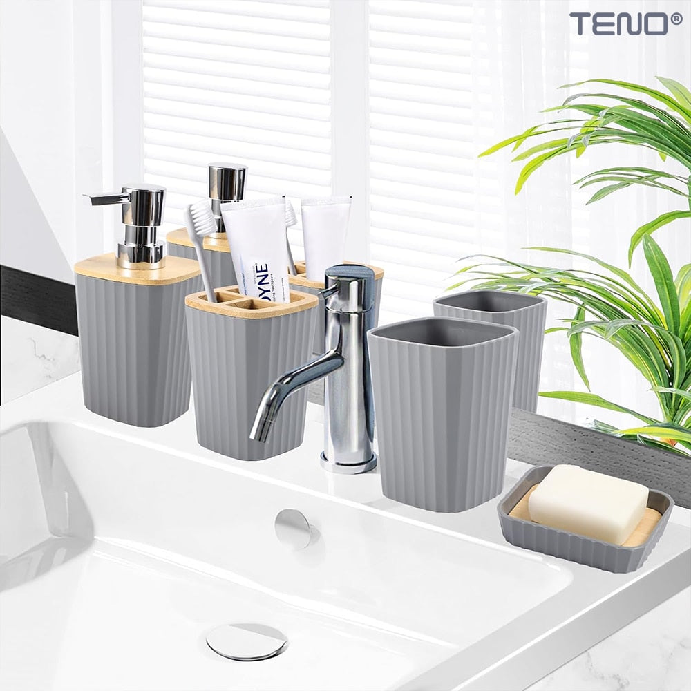 Set 6 Accesorii de Baie Teno, minimalist, detalii din bambus, gri