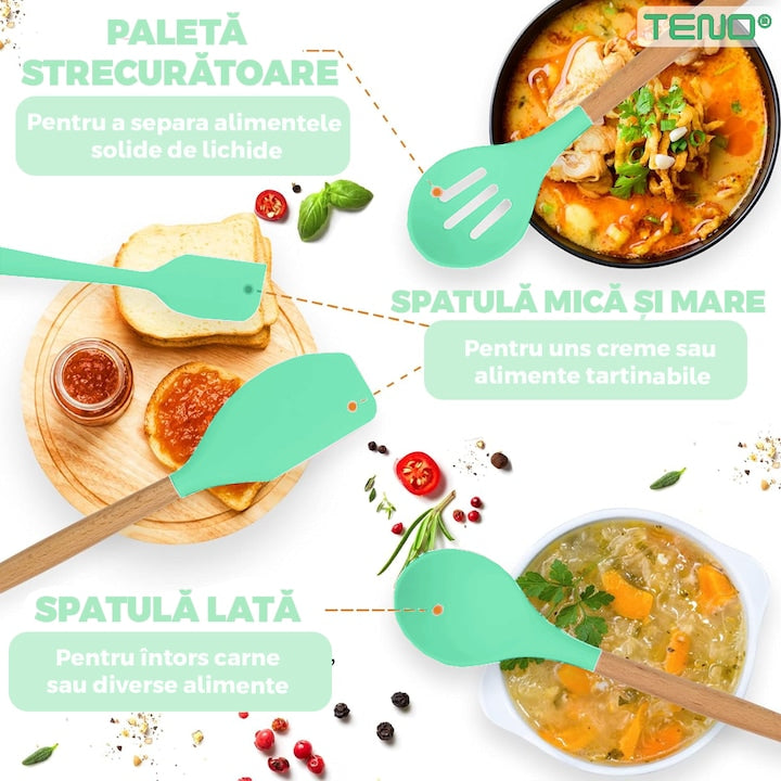 Set Ustensile Bucatarie 12 Piese Silicon Alimentar Teno®, termorezistente, antiaderente, sigure, suport inclus, verde deschis