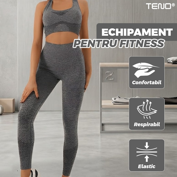 Set Costum Fitness din 2 Piese Teno®, colanti si bustiera, material respirabil, uscare rapida, elasticitate ridicata, one-size, gri