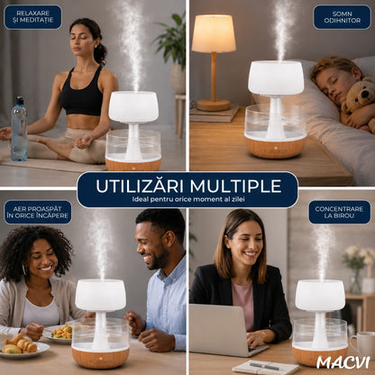 Umidificator decorativ cu efect de ploaie tip nor Macvi® cu LED 7 culori sunet ploaie, 0.3L, Cablu USB