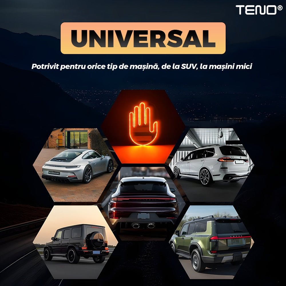 Semn LED Auto cu Telecomanda Teno®, design mana, 4 moduri de utilizare, efect vizual stralucitor, iluminare puternica, compatibilitate universala, negru/portocaliu