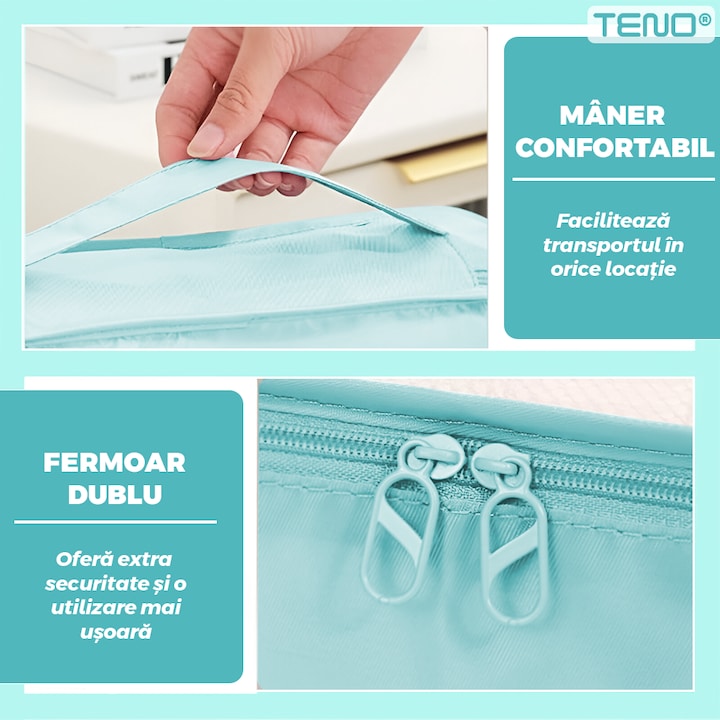 Set 6 Organizatoare Teno®, pentru calatorie, diferite marimi, bagaj de voiaj, valiza, troler, genti, haine, accesorii, inchidere cu fermoar dublu, plasa, turcoaz