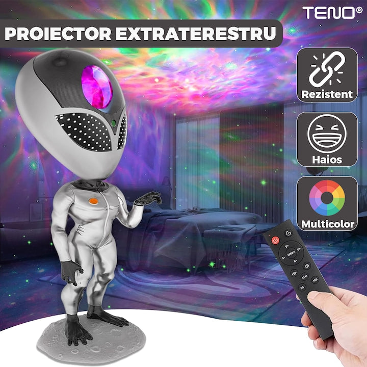 Proiector de Lumini Teno®, tip extraterestru, cu telecomanda si timer pentru durata de iluminare, 8 moduri de proiectie, rotire 360 de grade, ajustare luminozitate, gri