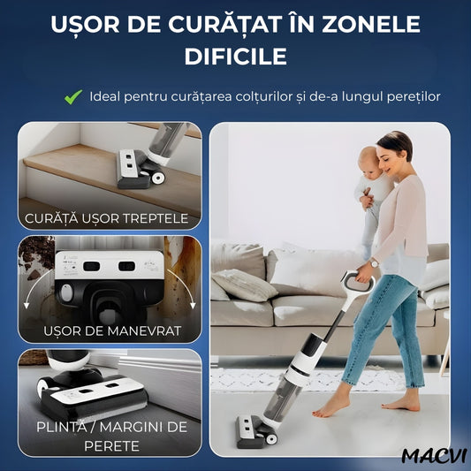 Aspirator Vertical cu Spalare Macvi® OZ01 Pro Fara Fir Autocuratare, Dezinfectare Apa, Putere 12000Pa, Autonomie 60 Min Ecran LED 2 Rezervoare