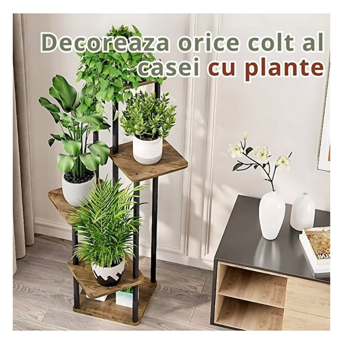 Stand Flori Macvi® Vertical 4 Etajere Metal si Lemn 106.3 cm Suport Ghivece Balcon Terasa