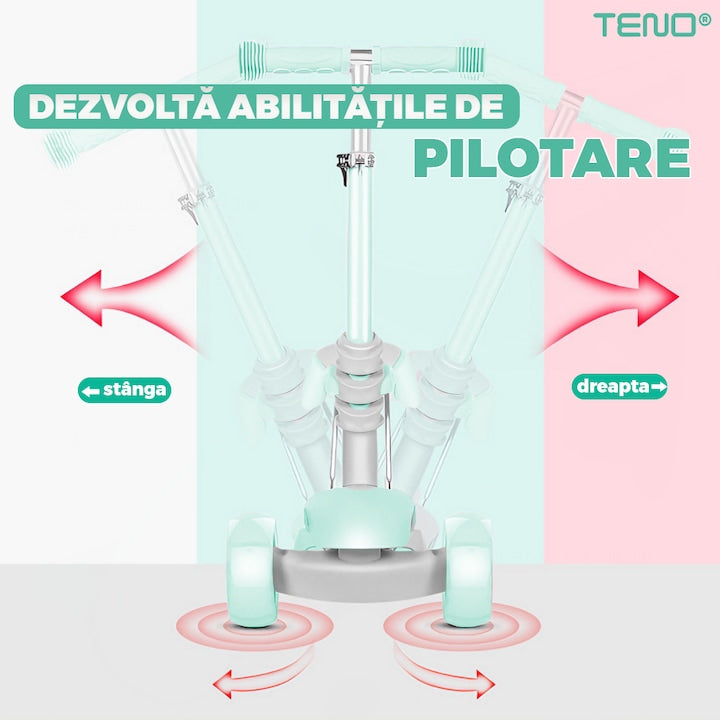 Trotineta pentru Copii 2 in 1 Teno®, scaunel incorporat, lumini,3 roti, cosulet frontal, anti-aluncare, inaltime ajustabila, stabila, frana, incorporata, 3-11 ani, turcoaz