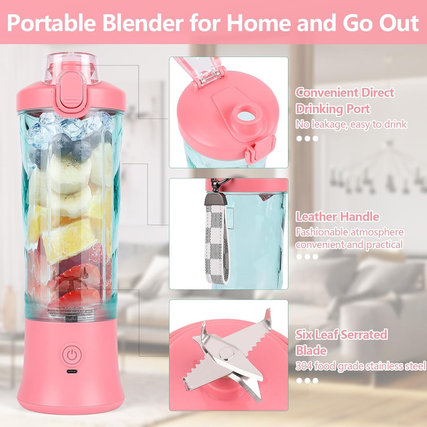 Blender Portabil Macvi® pentru Smoothie-uri 600 ml cu 6 Lame din Otel Inoxidabil, Baterie Reincarcabila 4000 mAh USB, Temporizator Automat 30 Secunde, Roz