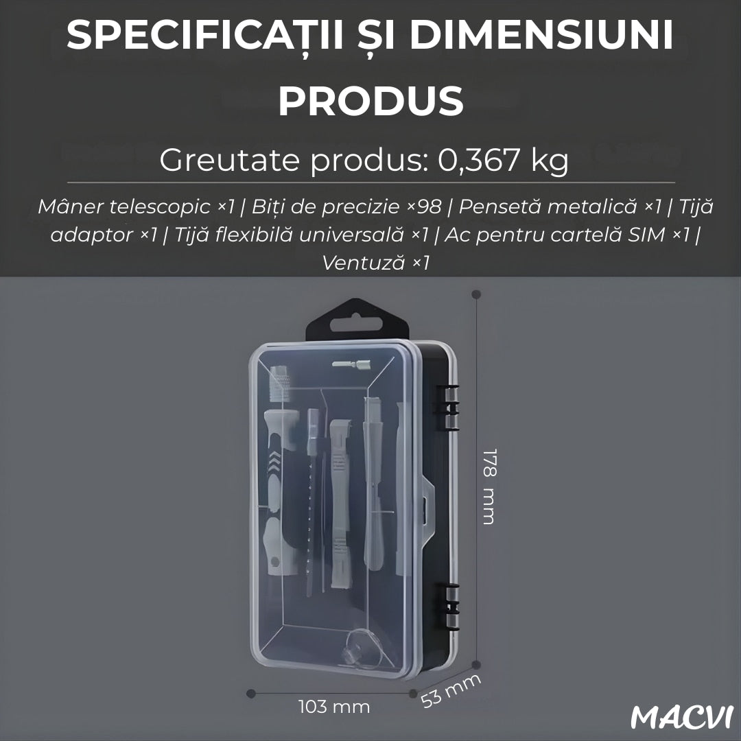 Set Surubelnite de Precizie Macvi® 115 in 1, 98 Biti Magnetici din Otel Carbon, Trusa Profesionala pentru Reparatii Telefoane, Laptopuri, Electronice, Cutie Compacta