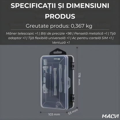 Set Surubelnite de Precizie Macvi® 115 in 1, 98 Biti Magnetici din Otel Carbon, Trusa Profesionala pentru Reparatii Telefoane, Laptopuri, Electronice, Cutie Compacta