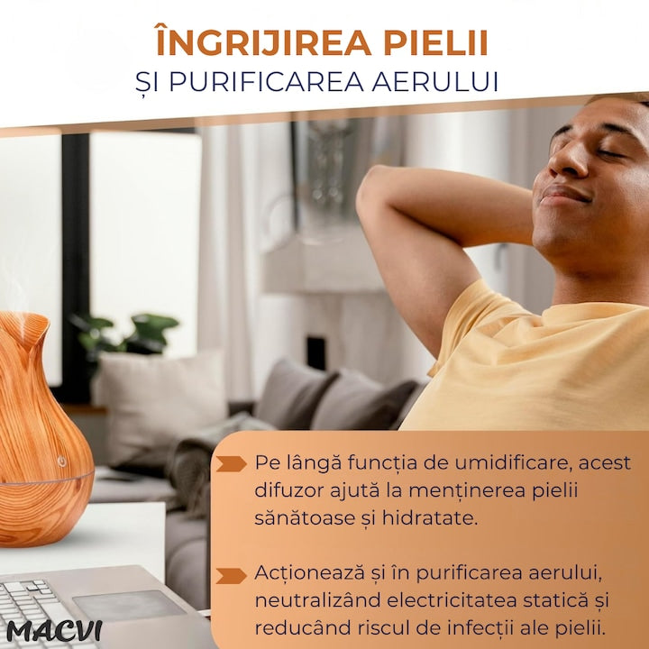 Difuzor Aromaterapie Macvi® cu Umidificator, ultrasunete, forma de vaza, buton touch, bej , LED 7 culori, 130 ml