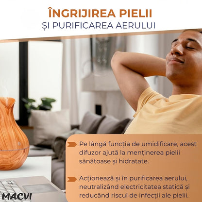 Difuzor Aromaterapie Macvi® cu Umidificator, ultrasunete, forma de vaza, buton touch, bej , LED 7 culori, 130 ml