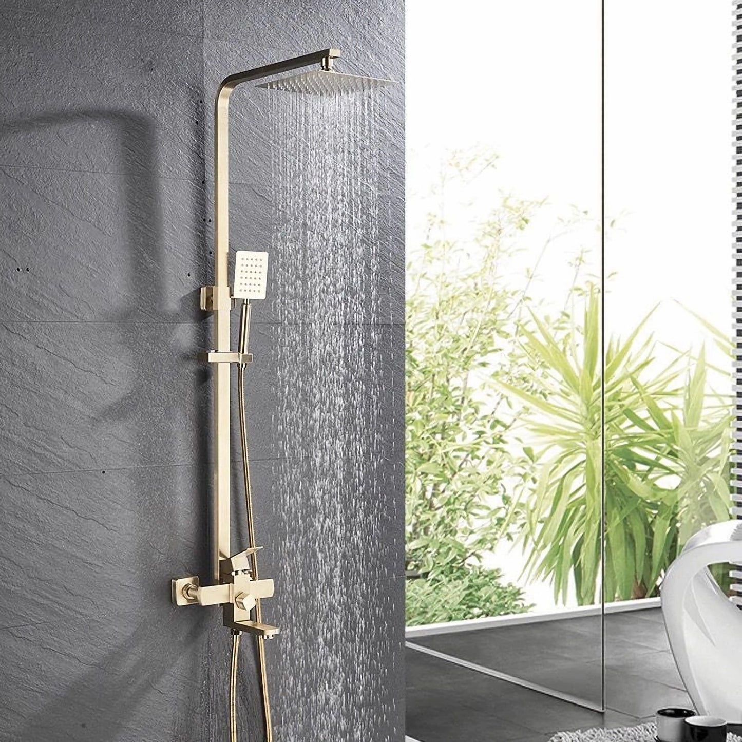 Coloana de Dus Macvi® cu Baterie pentru Cada sau Dus, 4 Functii, Alama si Inox, Palarie 20x20 cm, Auriu Nichelat, Inaltime Reglabila