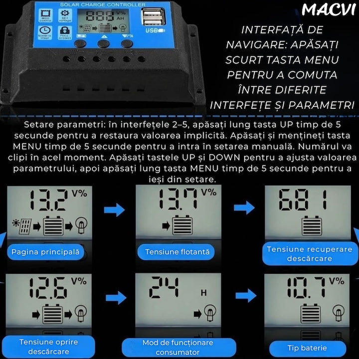 Regulator Tensiune Panou Solar, Macvi®, 20A, 12V 24V, LCD Digital, 2x USB, Controler Incarcare, Protectie Baterie, Negru