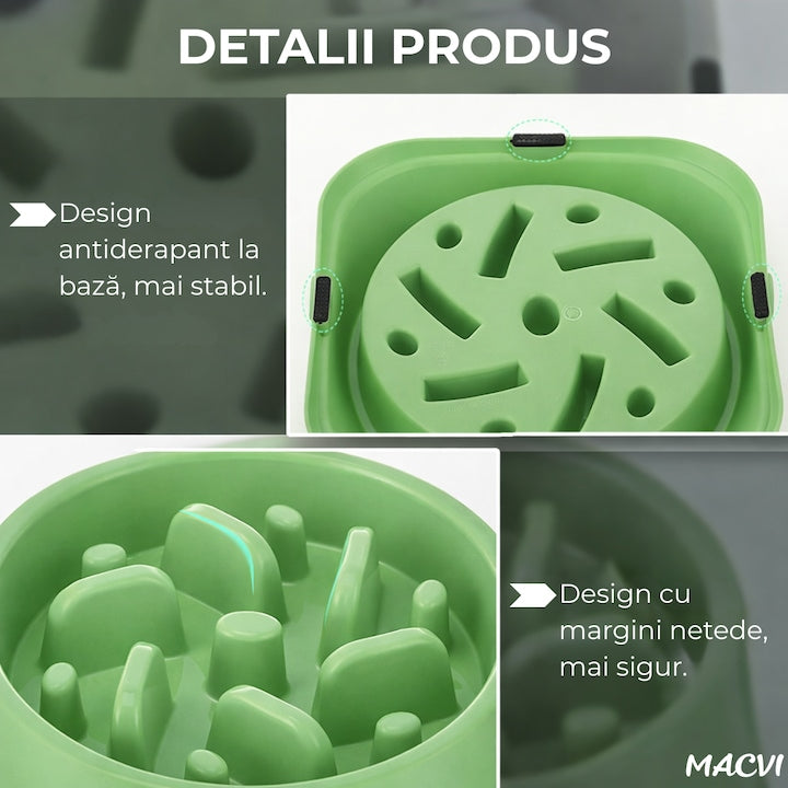 Bol Macvi® pentru caini, hranire lenta, plastic, antiderapant, 19 cm, verde