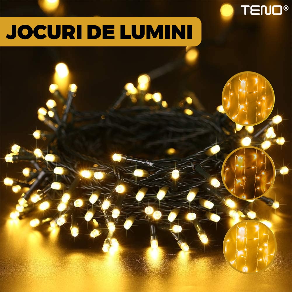 Instalatie de Craciun Liniara cu Panou Solar Teno®, 10 m, 8 jocuri de lumini, alimentare la priza, fir verde, interior/exterior, rezistenta la apa, 100 LED-uri, alb cald