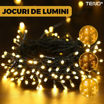Instalatie de Craciun Liniara cu Panou Solar Teno®, 10 m, 8 jocuri de lumini, alimentare la priza, fir verde, interior/exterior, rezistenta la apa, 100 LED-uri, alb cald