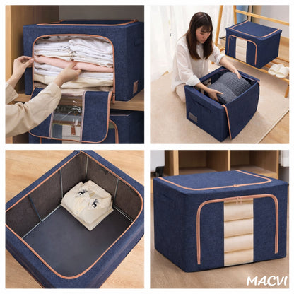 Organizator depozitare Macvi® 100 litri, cutie textila pliabila cu capac si fermoar, panou transparent pentru vizualizare si cadru metalic robust, ideala pentru haine voluminoase si depozitare