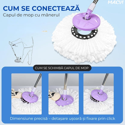 Set Mop Rotativ Macvi®, Galeata, Dubla Actiune, Capat Microfibra, Sistem Stoarcere, Inaltime Ajustabila, Alb/Gri