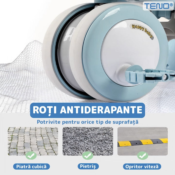 Tricicleta Multifunctionala Teno®, structura stabila, pedale anti-derapante, suport picioare, cosulet pe spate, spatar detasabil, parasolar, muzica incorporata, albastru