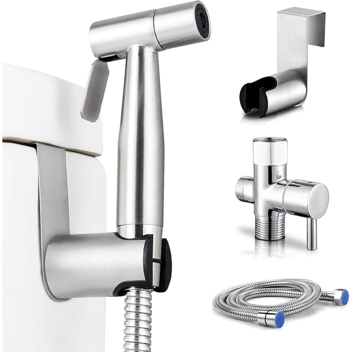 Set de Dus Igiena Intima Macvi cu Baterie Bideu, Para Dus, Furtun 1.2 m, Otel Inoxidabil, Argintiu