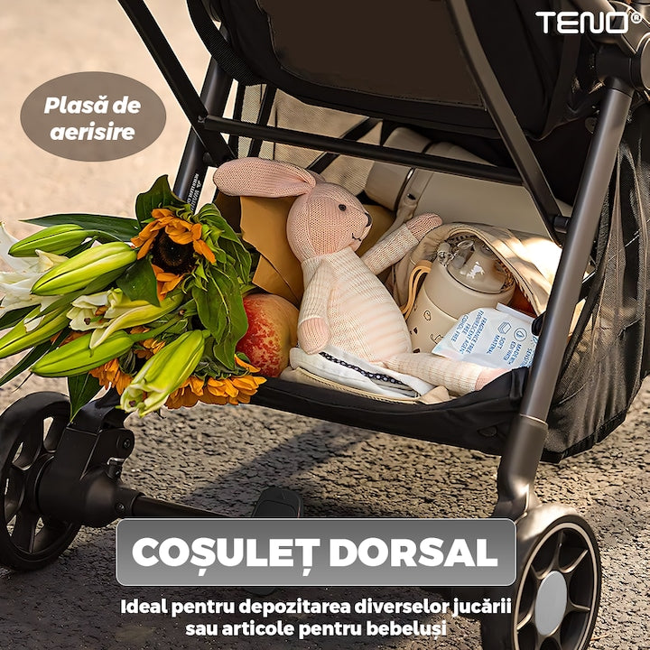 Carucior Sport pentru Bebelusi Teno®, pliabil, usor de carat, sezut reglabil, spatios, cosulet dorsal, buzunar la spate, copertina retractabila, greutate maxima suportata 25 kg, gri inchis