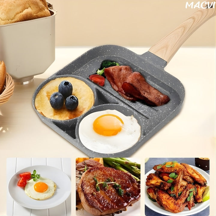 Tigaie Macvi® pentru mic dejun cu 3 gauri aluminiu antiaderent pentru oua burgeri clatite omleta maner ergonomic bachelita pentru aragaz si inductie