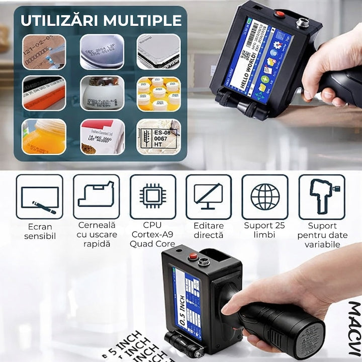 Imprimanta termica portabila Macvi®, wireless, 12.7 mm, cerneala HP originala, coduri QR, coduri de bare, date variabile, multifunctionala