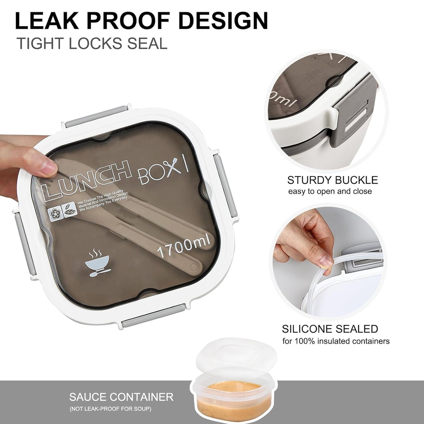 Caserola Alimentara Macvi® 1.7L cu 4 Compartimente si Recipient Sos Lunch Box BPA Free, Alb