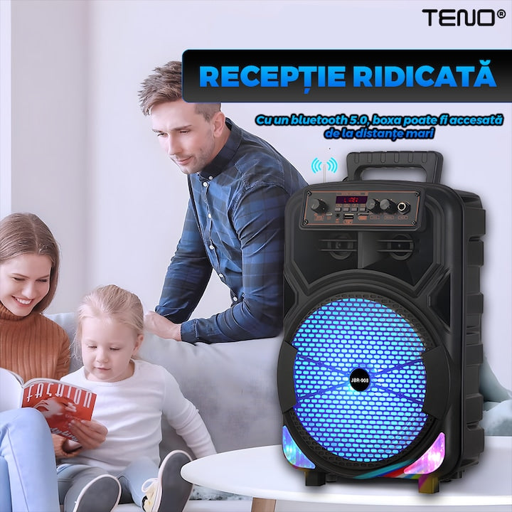 Boxa Portabila Teno JBR008, microfon inclus, lumini LED, negru, 1200W