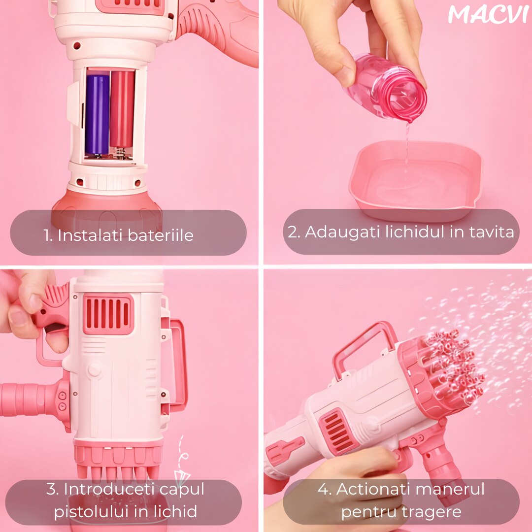 Pistol Baloane Sapun 32 Duze Macvi® tip Bubble Gun cu baterii(neincluse), Ventilator, Roz