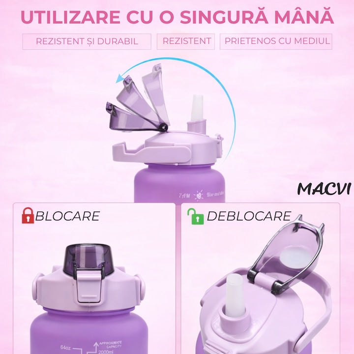 Bidon fitness Macvi® de apa 2L multicolor, plastic PC fara BPA, cu duza, maner si inscriptii motivante, etansa cu garnitura siliconica