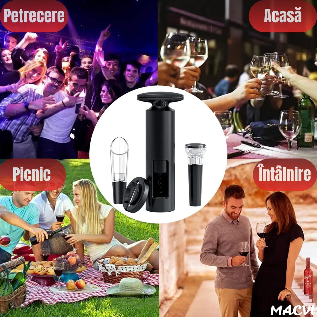 Set deschizator Macvi® 2-in-1 pentru vin, tirbuson profesional cu taietor folie, dop vacuum si aerator, design ergonomic, argintiu