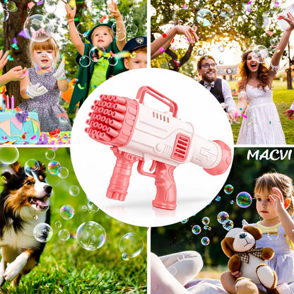 Pistol Baloane Sapun 32 Duze Macvi® tip Bubble Gun cu baterii(neincluse), Ventilator, Roz