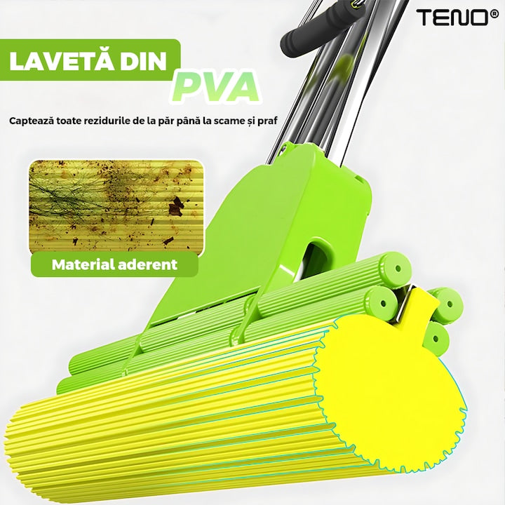 Mop cu PVA Teno®, sistem de stoarcere integrat, coada telescopica, laveta rezistenta, curatare usoara, absorbtie eficienta, captare a prafului, 120 cm, galben/verde