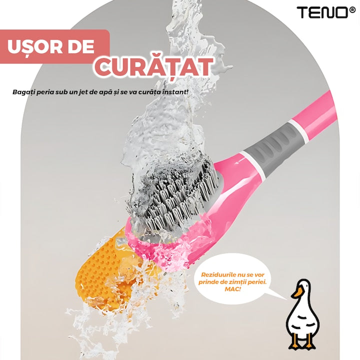 Perie pentru Toaleta Ratusca Teno®, din silicon, model adorabil, carcasa ou, suport adeziv montabil pe orice suprafata, 2 capete, capat cioc din silicon, capat cu peri pentru pete, roz