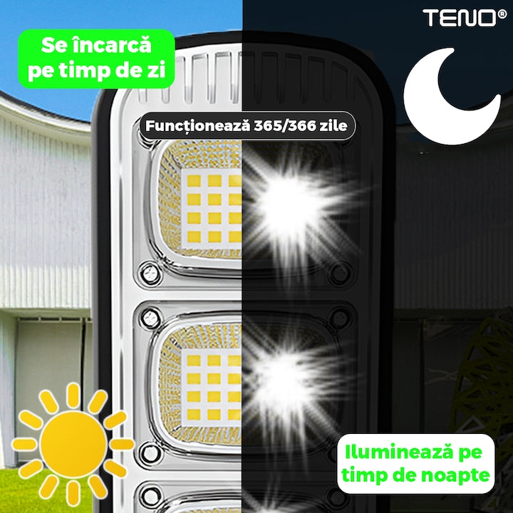 Lampa Solara Stradala 72 LED-uri Teno®, control prin telecomanda, senzor de miscare, 3 moduri de iluminare, protectie IP65, Waterproof, exterior, negru
