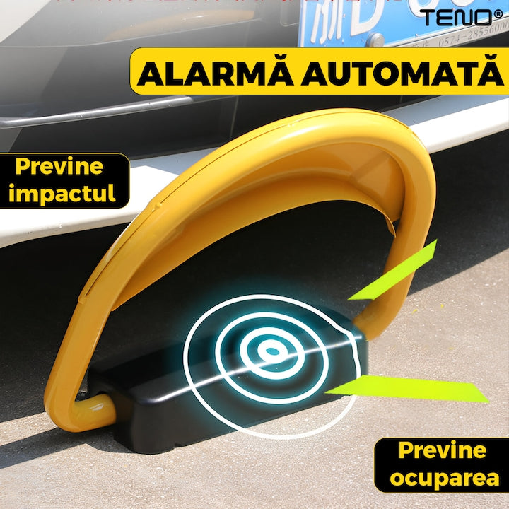 Blocator Parcare Automat Teno®, patrat, pentru loc parcare si alee, cu telecomanda si alarma, greutate suportata 5 tone, material rezistent, anti-rugina, alimentare cu acumulator, negru/galben