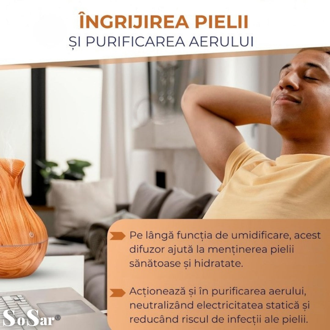 Difuzor Aromaterapie Sosar® cu Umidificator si Ultrasunete - Relaxare, Aromaterapie si Atmosfera Eleganta, LED 7 culori, 130 ml