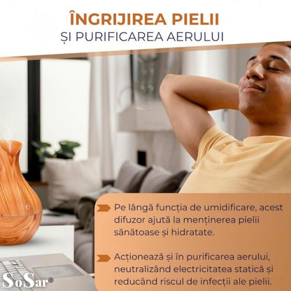 Difuzor Aromaterapie Sosar® cu Umidificator si Ultrasunete - Relaxare, Aromaterapie si Atmosfera Eleganta, LED 7 culori, 130 ml